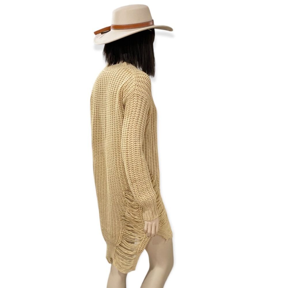 Beige Distressed Long Sweater Crochet Knit Tunic Dress NEW